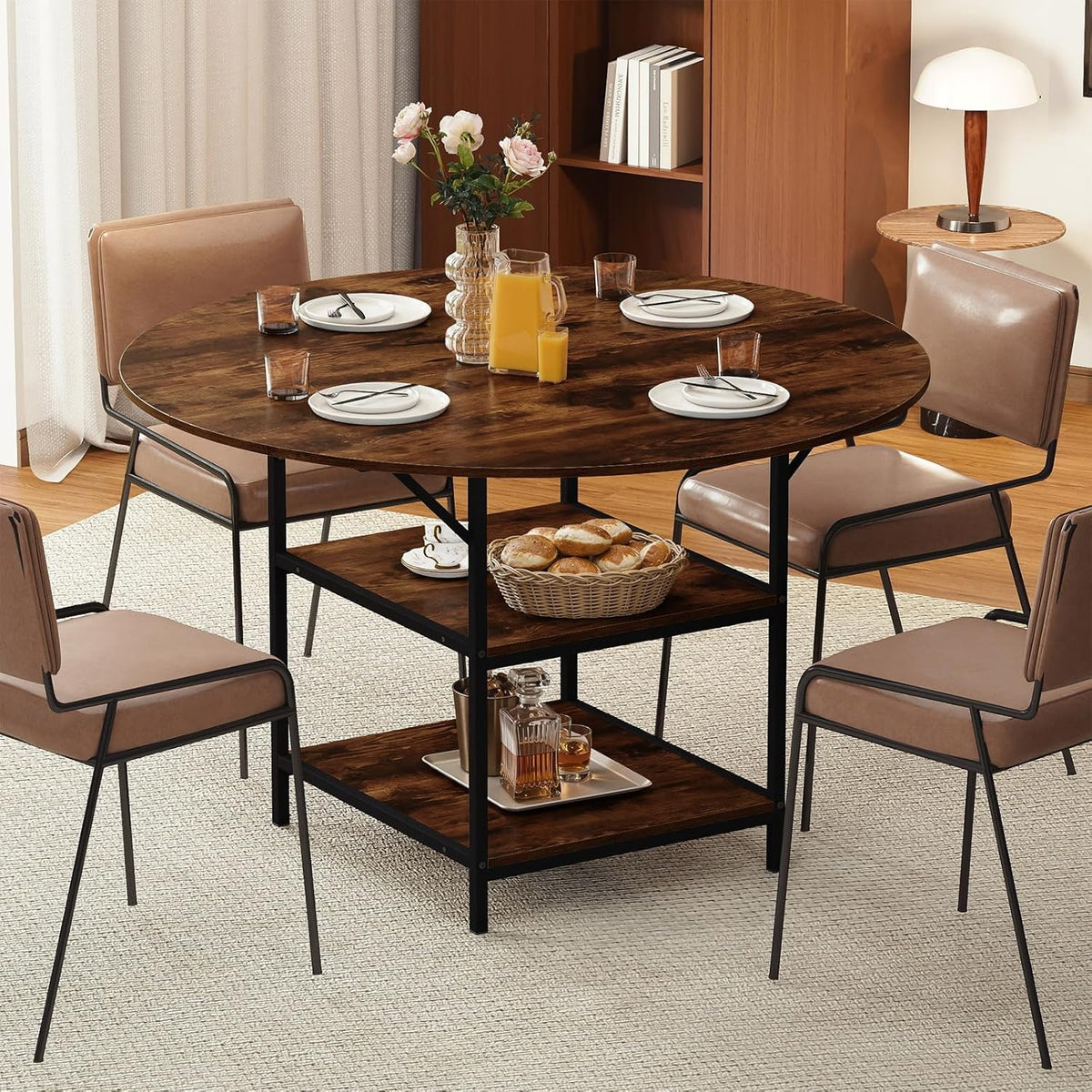 GOFLAME Round Dining Table for 4-6 People, 47” Kitchen Table with 2-Tier Storage Shelves and Heavy-Duty Metal Frame, Industrial Dinner Table for Kitchen, Dining Room, Apartment, Rustic Brown