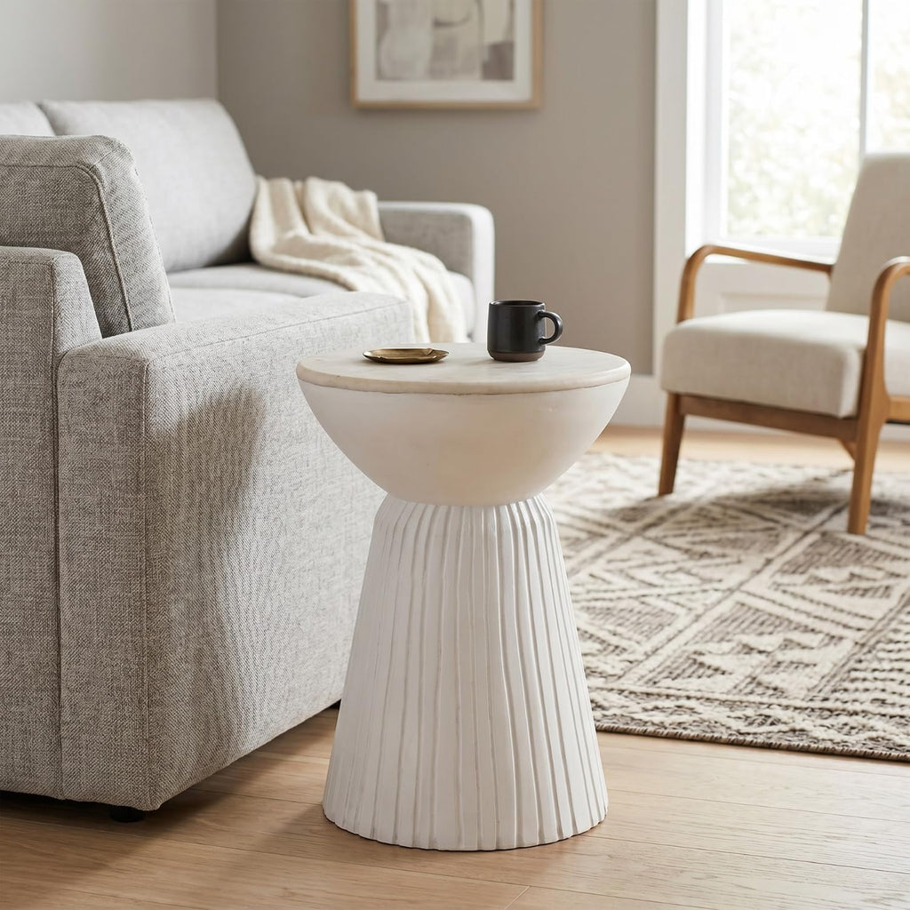 Albany Living Marble Top Solid Mango Wood Decorative Cylindrical Pedestal Side Table, Contemprary Accent Side/End Table,Fully Assembled, for the Living Room and Bedroom,White