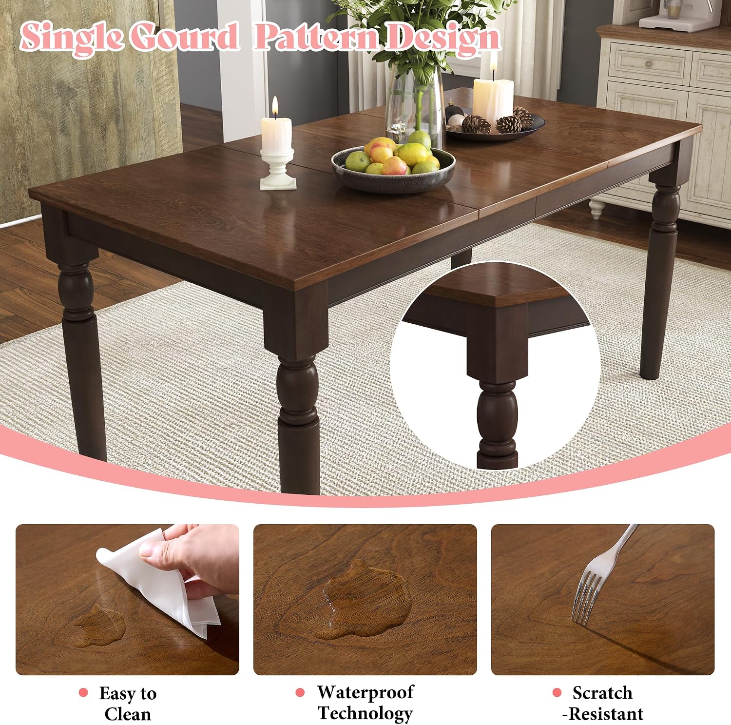 AMERLIFE 6-Piece Farmhouse Dining Table Set for 6-7, 60" Solid Wood Kitchen Table and Chairs, 1 Dining Table, 4 Upholstered Chairs and 1 Bench, Rustic Dining Room Set, Brown