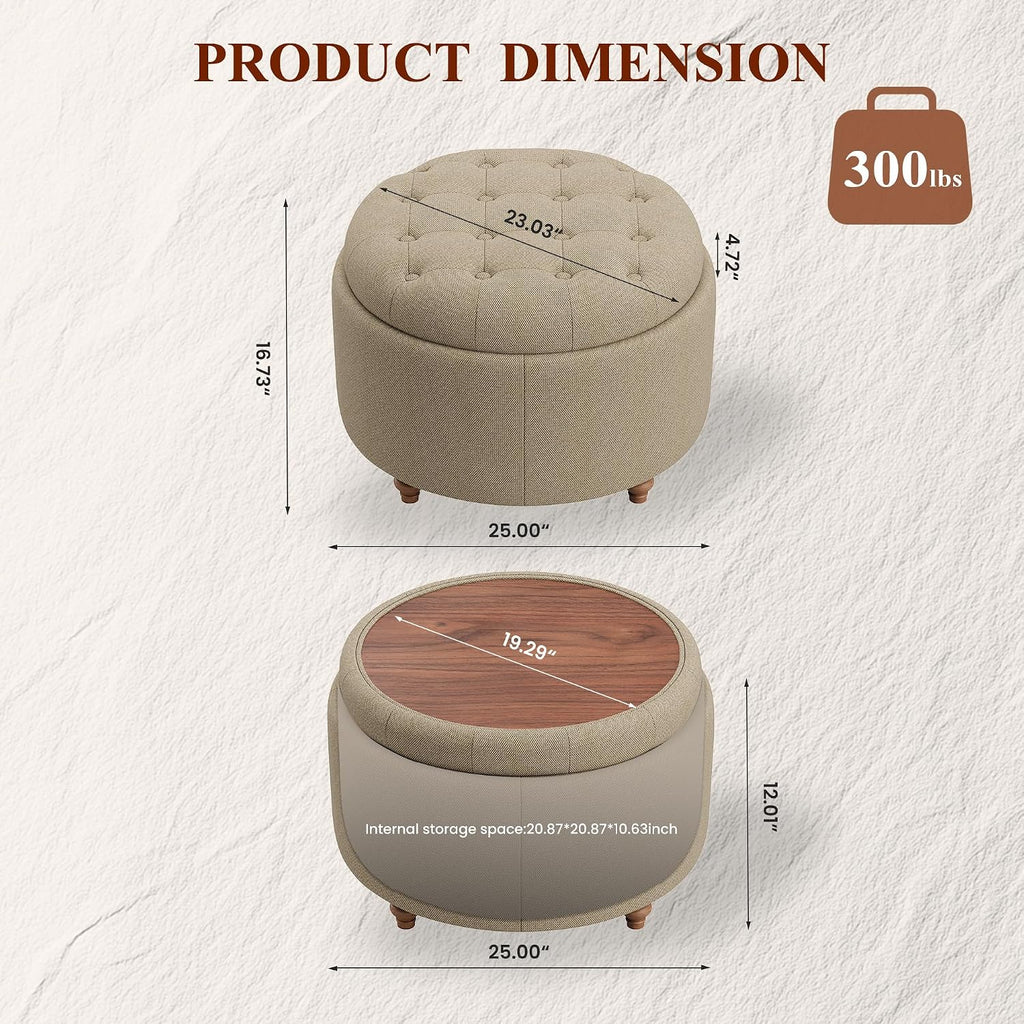 25" Round Ottoman with Storage, Small Coffee Table with Reversible Tray Lid | Tufted Fabric Round Storage Ottoman with Solid Wood Legs, 3-in-1 Footrest for Living Room, Bedroom, Entryway, Coffee