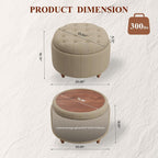 25" Round Ottoman with Storage, Small Coffee Table with Reversible Tray Lid | Tufted Fabric Round Storage Ottoman with Solid Wood Legs, 3-in-1 Footrest for Living Room, Bedroom, Entryway, Coffee
