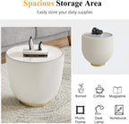 Modern Round End Table, Elegant Bowl Shaped Accent Sofa Side Table with Sintered Stone Tabletop & Pleated Leatherette Details, Small Round End Tables for Living Room Bedroom Apartment Office, White