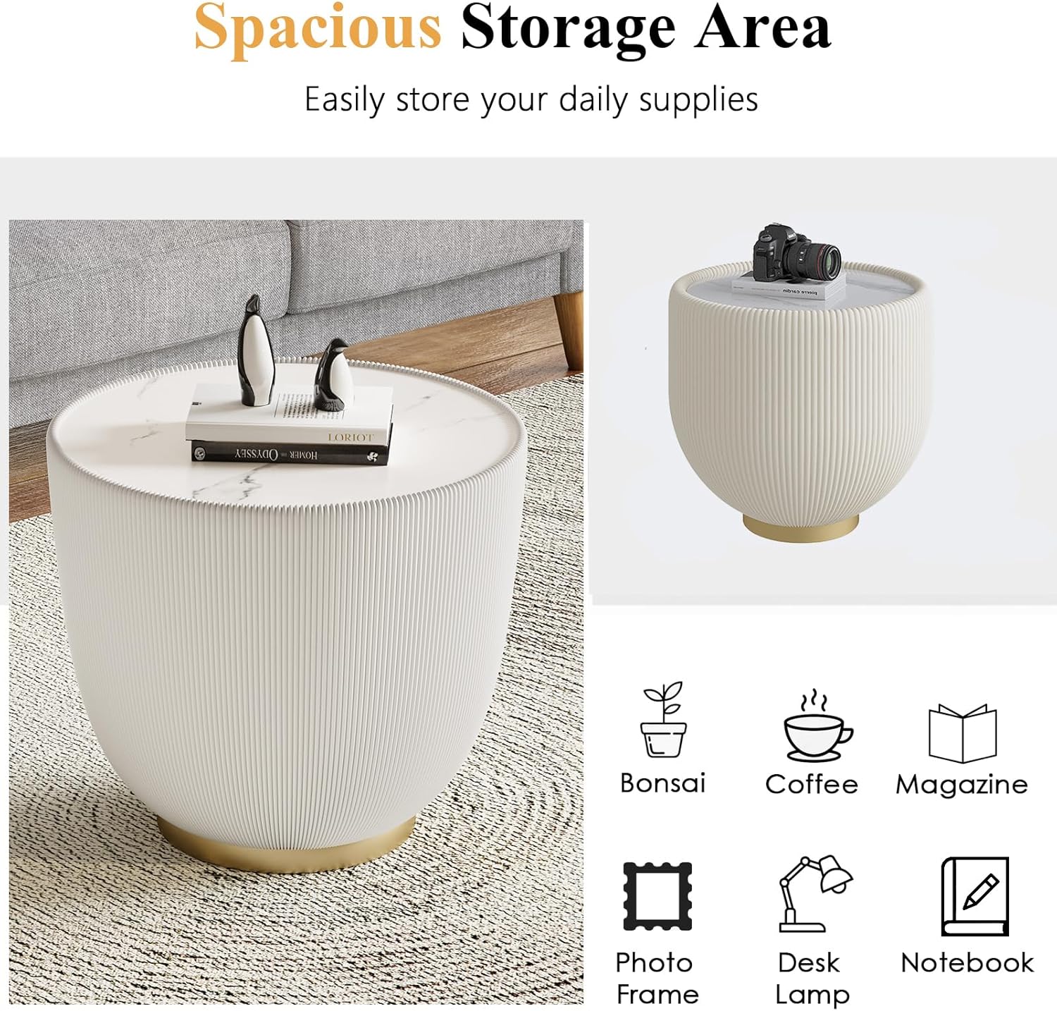 Modern Round End Table, Elegant Bowl Shaped Accent Sofa Side Table with Sintered Stone Tabletop & Pleated Leatherette Details, Small Round End Tables for Living Room Bedroom Apartment Office, White