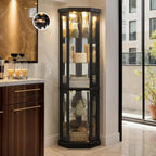 Corner Curio Cabinet, 70" H Lighted Glass Display Cage with Tempered Glass Doors and Adjustable Shelves, Bulb Inclued, Wine Bar China Cabinet for Living Room Liquor Storage (Black)