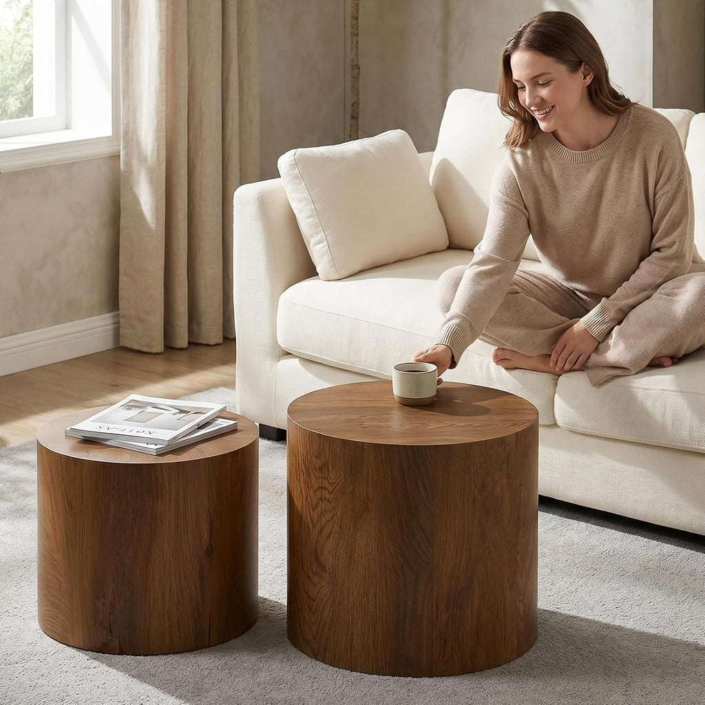 Round Coffee Table Set of 2,Modern Nesting Center Table with Non-Slip Feet | Minimalist Wood Center Table for Living Room, Bedroom, Office, Small Space, No Assembling,Beige