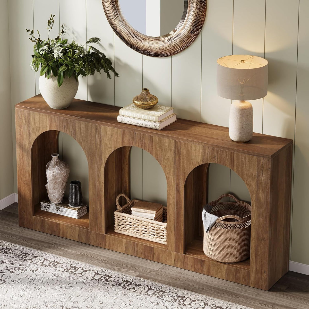 Tribesigns 70.9" Console Table with Storage, Wood Entryway Entry Table with 3 Arched Shelves for Foyer, Hallway, Living Room, Behind Couch Sofa, Narrow Long, Brown