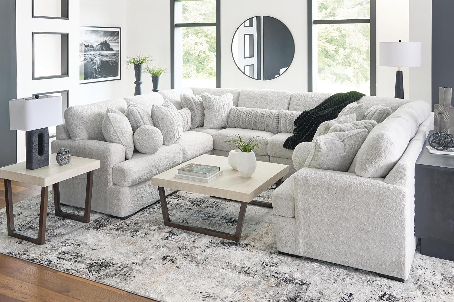 Signature Design by Ashley Westenfort 2-Piece Square Coffee Table Set | Square coffee table and end table sets with light gray faux cement melamine laminate tops, Dark espresso brown hardwood legs