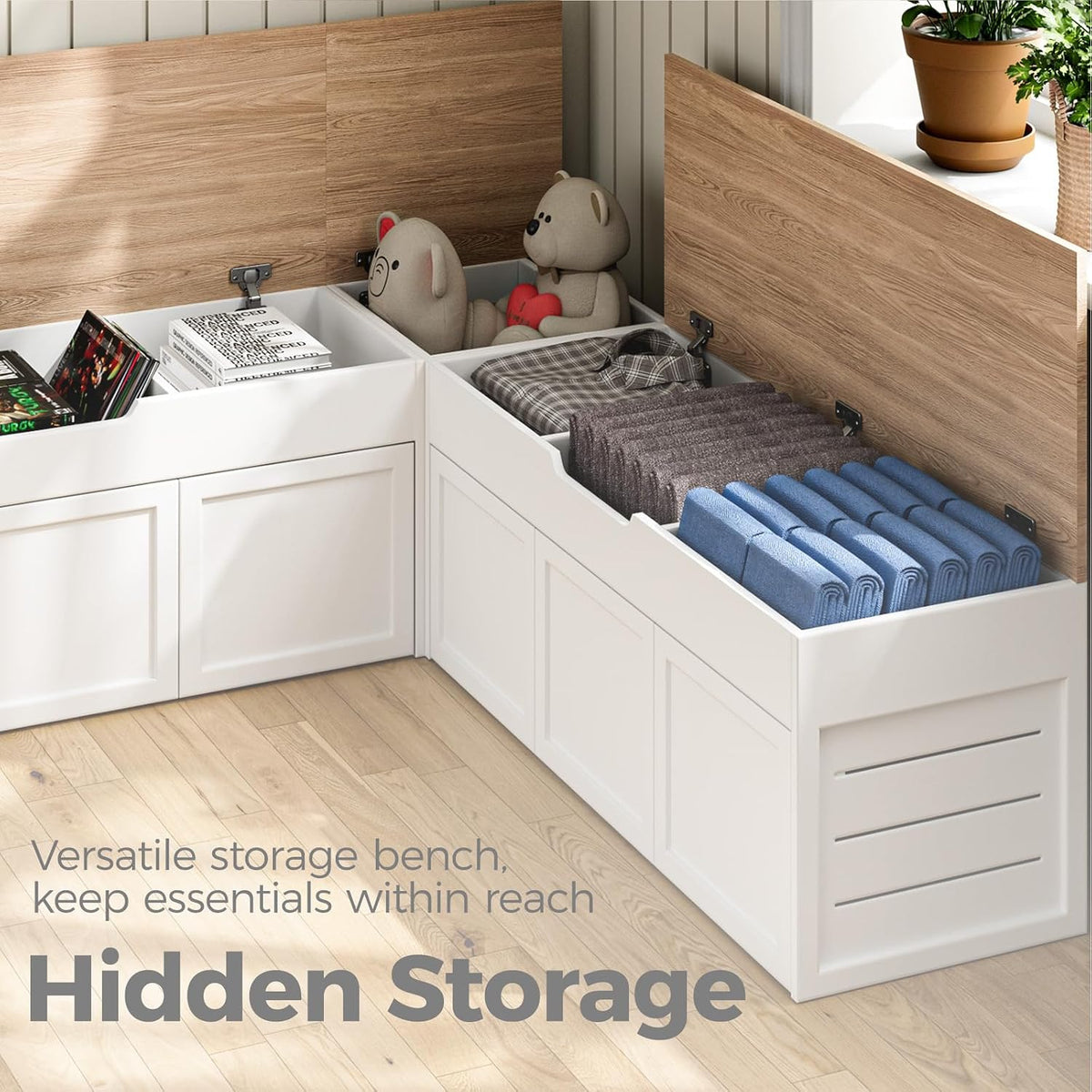 Kikihouse L-Shaped Corner Storage Bench with Cushion, Backless Wood Bench with Hidden Storage, for Dining Nook, Kitchen, Entryway, Cloakroom (Bench+Light Gray Cushion)