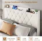 Garvee Full Size Bed Frame with Storage, Velvet Upholstered Platform Bed Frame with Crystal Tufted Headboard, Charging Station, 2 Drawers, No Box Spring Needed, Noise-Free,for Bedroom, Ivory
