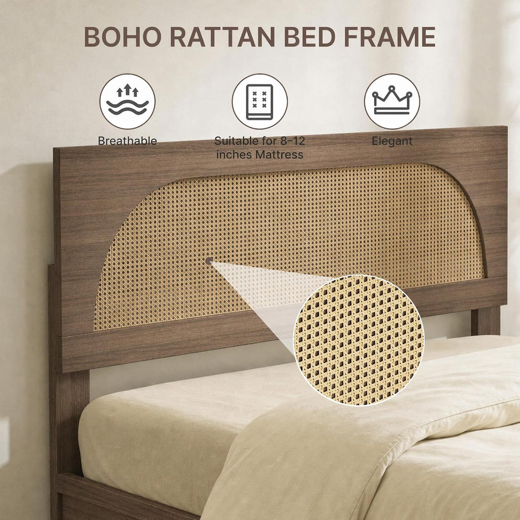 KISLOT Boho Rattan Bed Frame, Farmhouse Platform Bed Frame with Headboard and Footboard, Bedroom Furniture Solid Wood Support Mattress Foundation with Silent Slat Support No Box Spring Needed