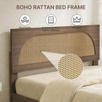 KISLOT Boho Rattan Bed Frame, Farmhouse Platform Bed Frame with Headboard and Footboard, Bedroom Furniture Solid Wood Support Mattress Foundation with Silent Slat Support No Box Spring Needed