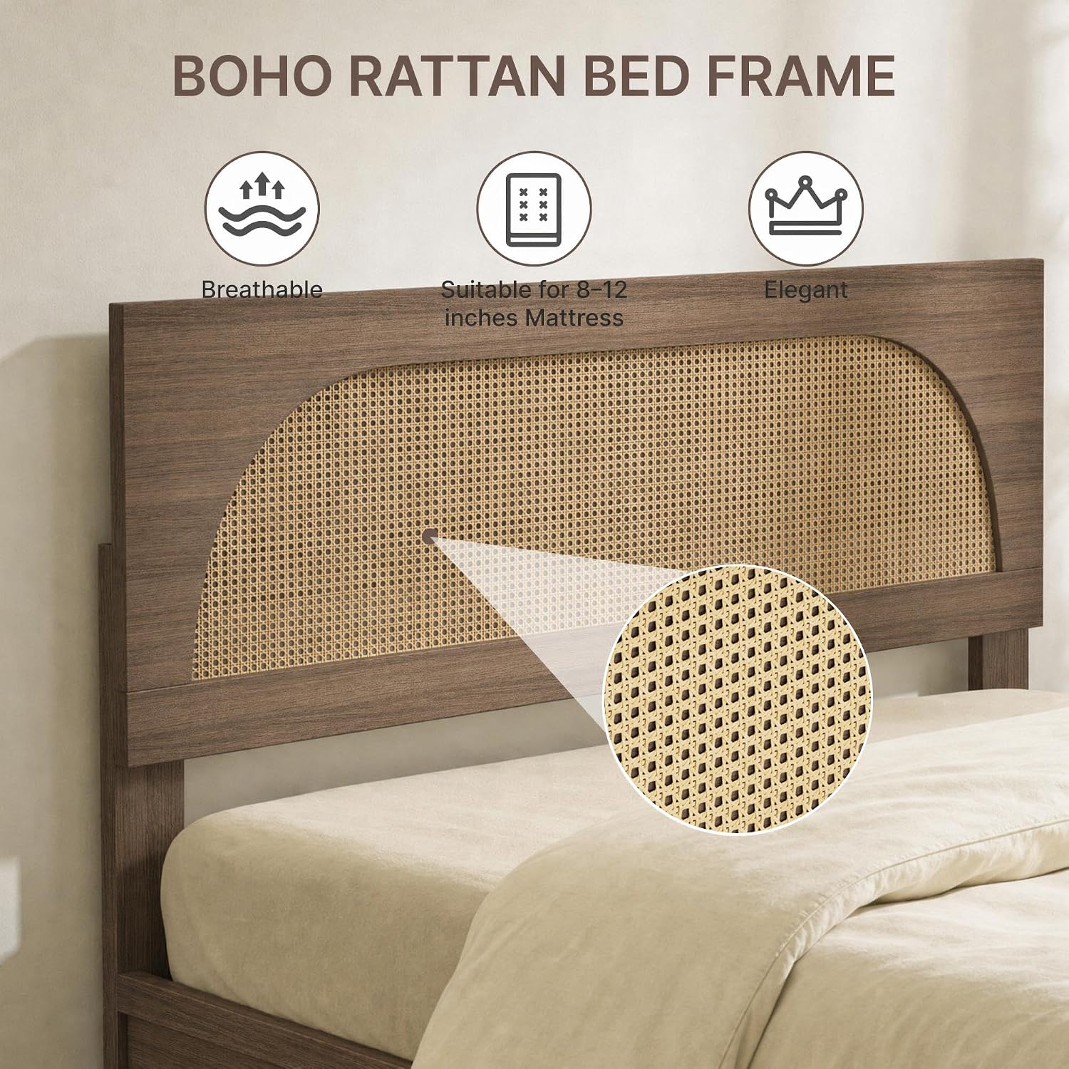 KISLOT Boho Rattan Bed Frame, Farmhouse Platform Bed Frame with Headboard and Footboard, Bedroom Furniture Solid Wood Support Mattress Foundation with Silent Slat Support No Box Spring Needed