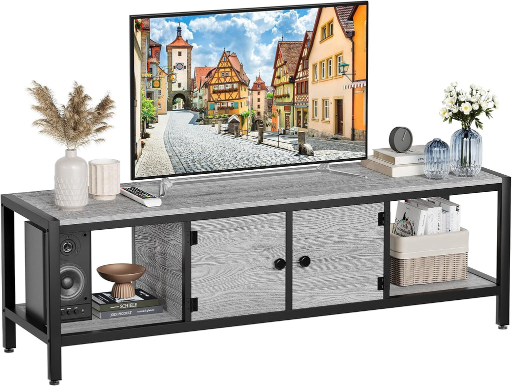 GarveeHome 58 in TV Stand with Storage, Entertainment Center with Adjustable Legs, TV Console up to 65 in, Wooden TV Stand with Open Shelves for Living Room, Bedroom, Light Grey
