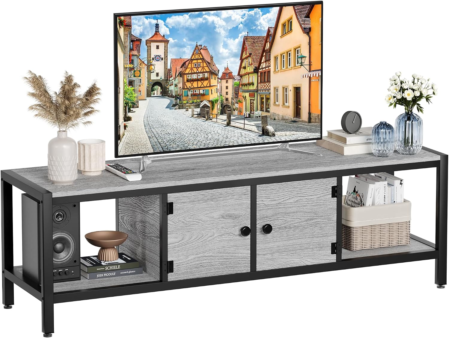 GarveeHome 58 in TV Stand with Storage, Entertainment Center with Adjustable Legs, TV Console up to 65 in, Wooden TV Stand with Open Shelves for Living Room, Bedroom, Light Grey