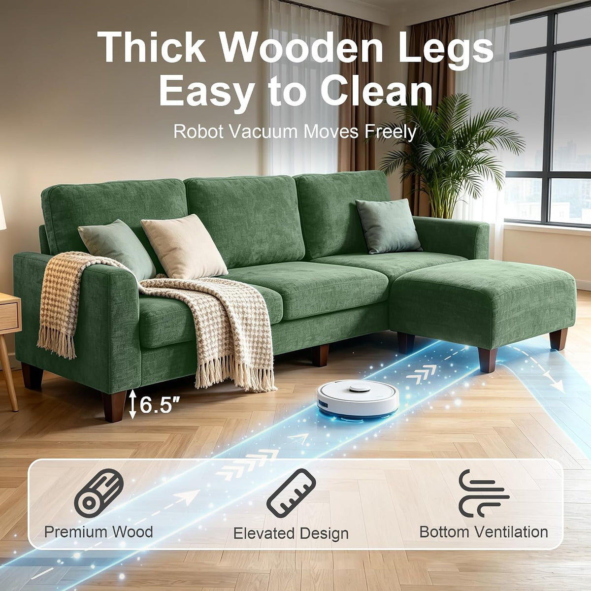 L Shaped Sectional Couch for Living Room, Modular Small Sofa with Ottoman | 96 Inch, 3 Deep Seats, Green, Chenille, Easy Tool-Free Assembly, Modern Compact Sofa Set for Apartment, Office, Small Space