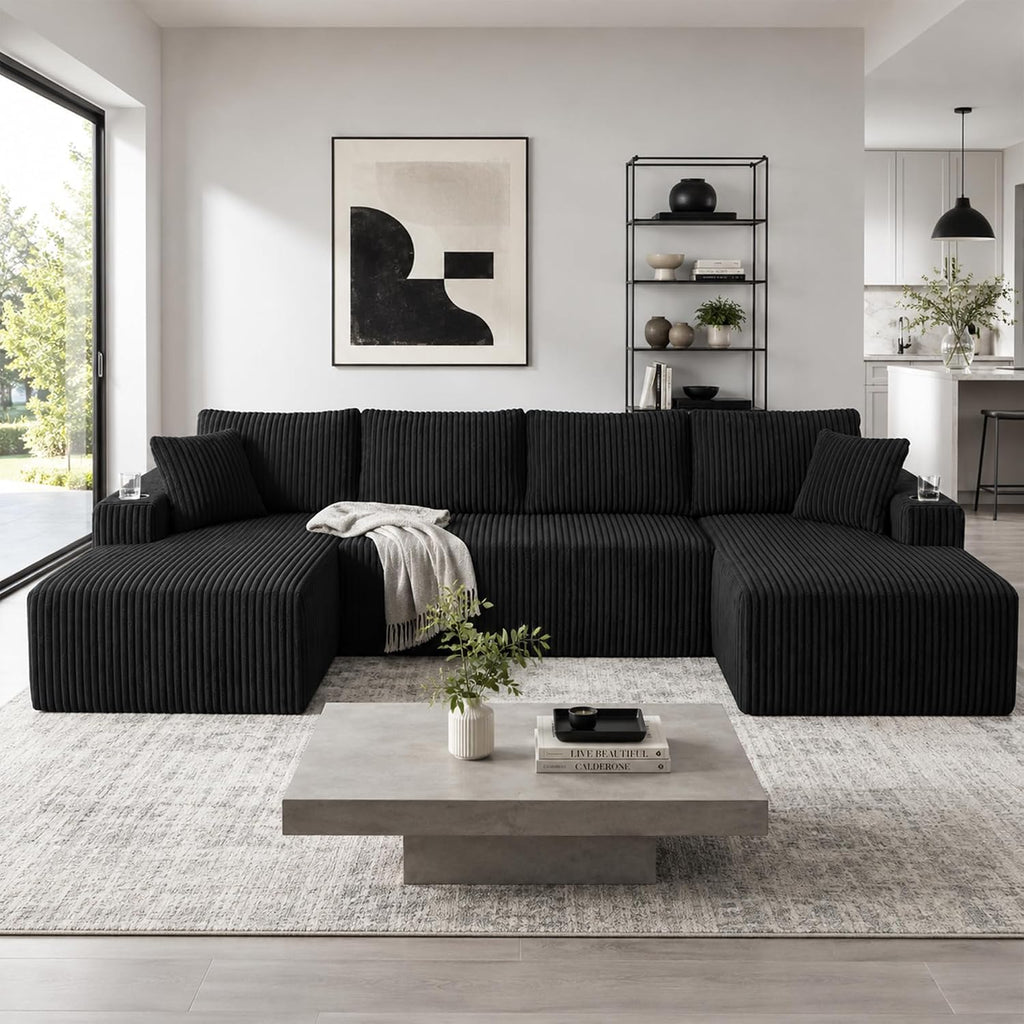 ivoros 125" Cloud Couch Sectional, Modular Sofa with Cup Holder and Storage Pocket, Corduroy U Shaped Sofas, Couch in a Box, No Assembly Required, Black Couches for Living Room