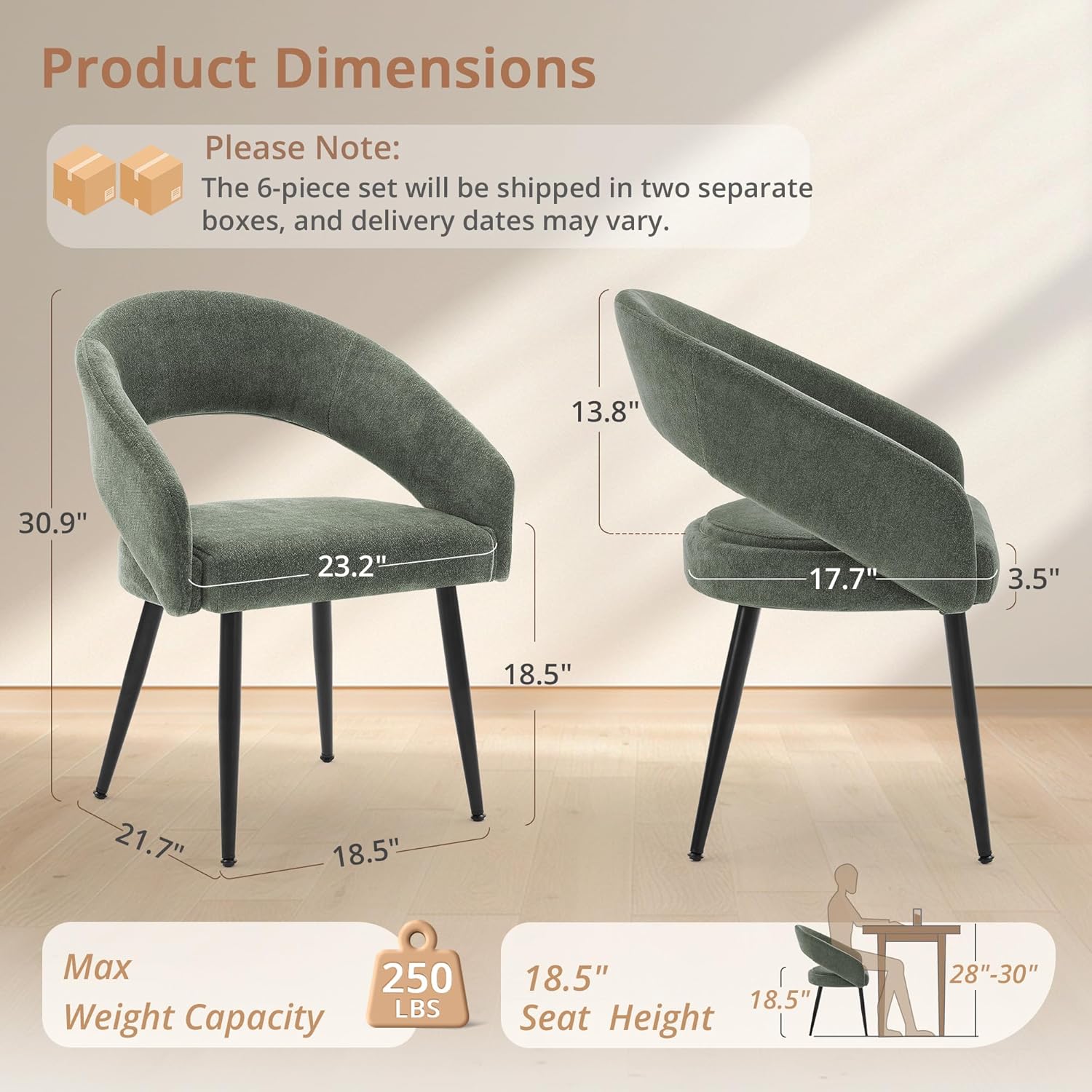 LUE BONA Modern Dining Chairs Set of 4, Upholstered Armrest Side Chairs for Kitchen & Dining Room, 18.5" Seat Height, Comfortable Curved Hollow Backrest, Black Metal Legs, Easy Assembly, Grayish Green
