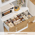 Keyluv 71" Tall Kitchen Pantry Storage Cabinet with Microwave Stand, Modern Kitchen Hutch with Countertop, Wood Coffee Buffet Hutch with Glass Doors, Drawer, Adjustable Shelves for Dining Room, Khaki