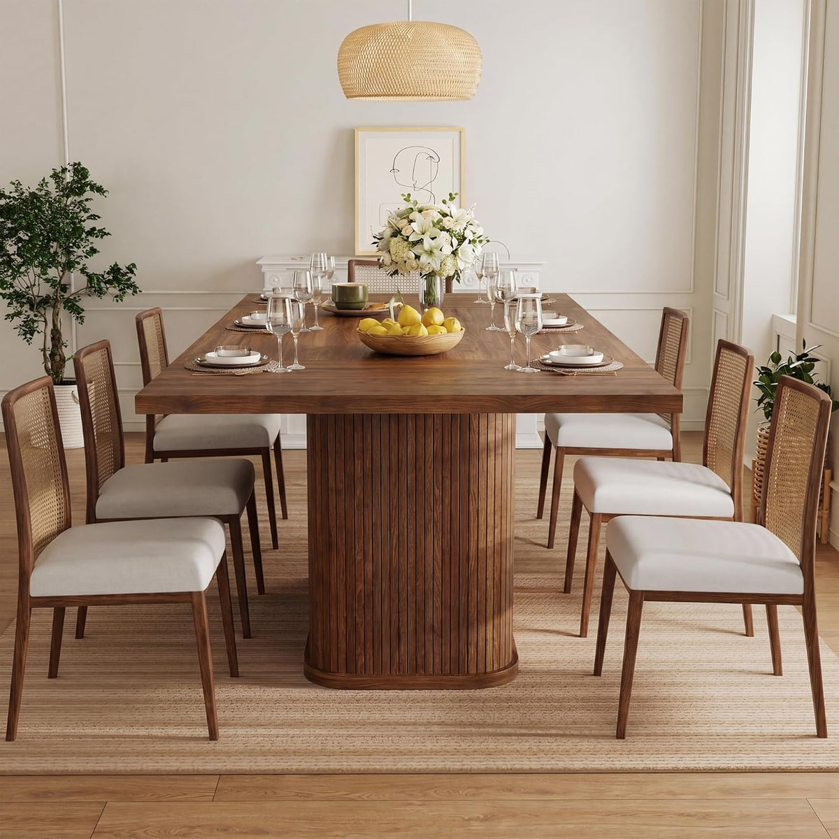 knoworld 78.7" Rectangular Dining Table for 6-10, Farmhouse Kitchen Furniture with Storage Base, Sliding Tambour Doors, Walnut