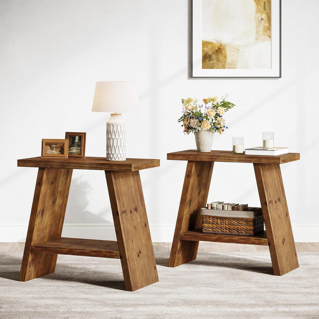 Solid Wood End Table for Living Room Set of 2, Narrow Small Side Table with 2-Tier Storage, Farmhouse Bedside Nightstand for Bedroom, Small Places, Rustic Brown (2 PCS)