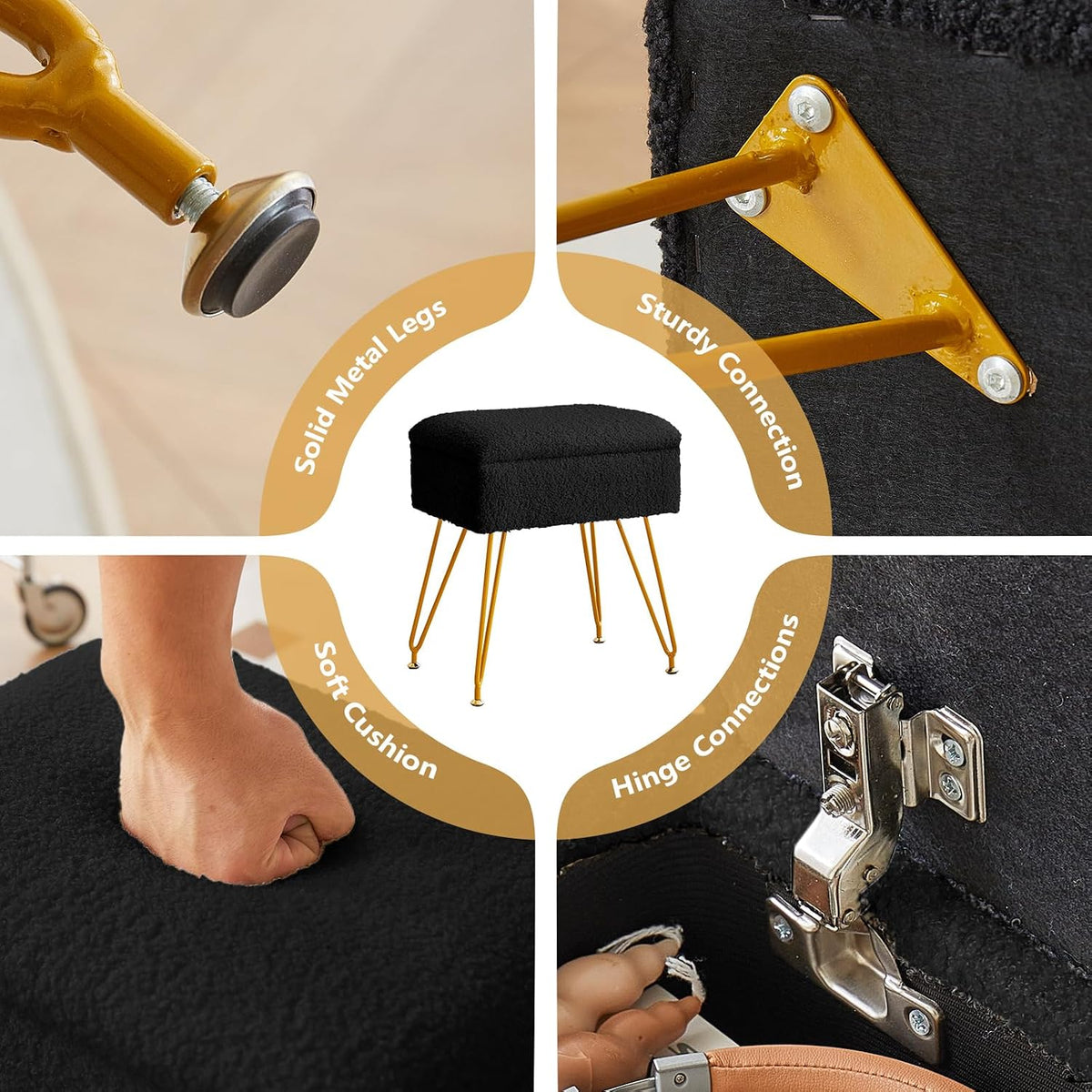 Alessing Vanity Stool Chair Ottoman with Storage, Sherpa Vanity Chair for Makeup Room, Rectangle Vanity Stools with Metal Legs, Soft Makeup Stool Footrest Footstools for Bedroom Living Room, Black | Square Padded Seat Foot Stool With Metal Legs For