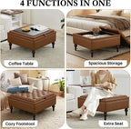 Storage Ottoman Coffee Table, Large Ottoman with Storage Oversized Square Footstool with Anti-Slip Embedded Lid, Tufted Upholstered Ottomans for Living Room, Brown Faux Leather