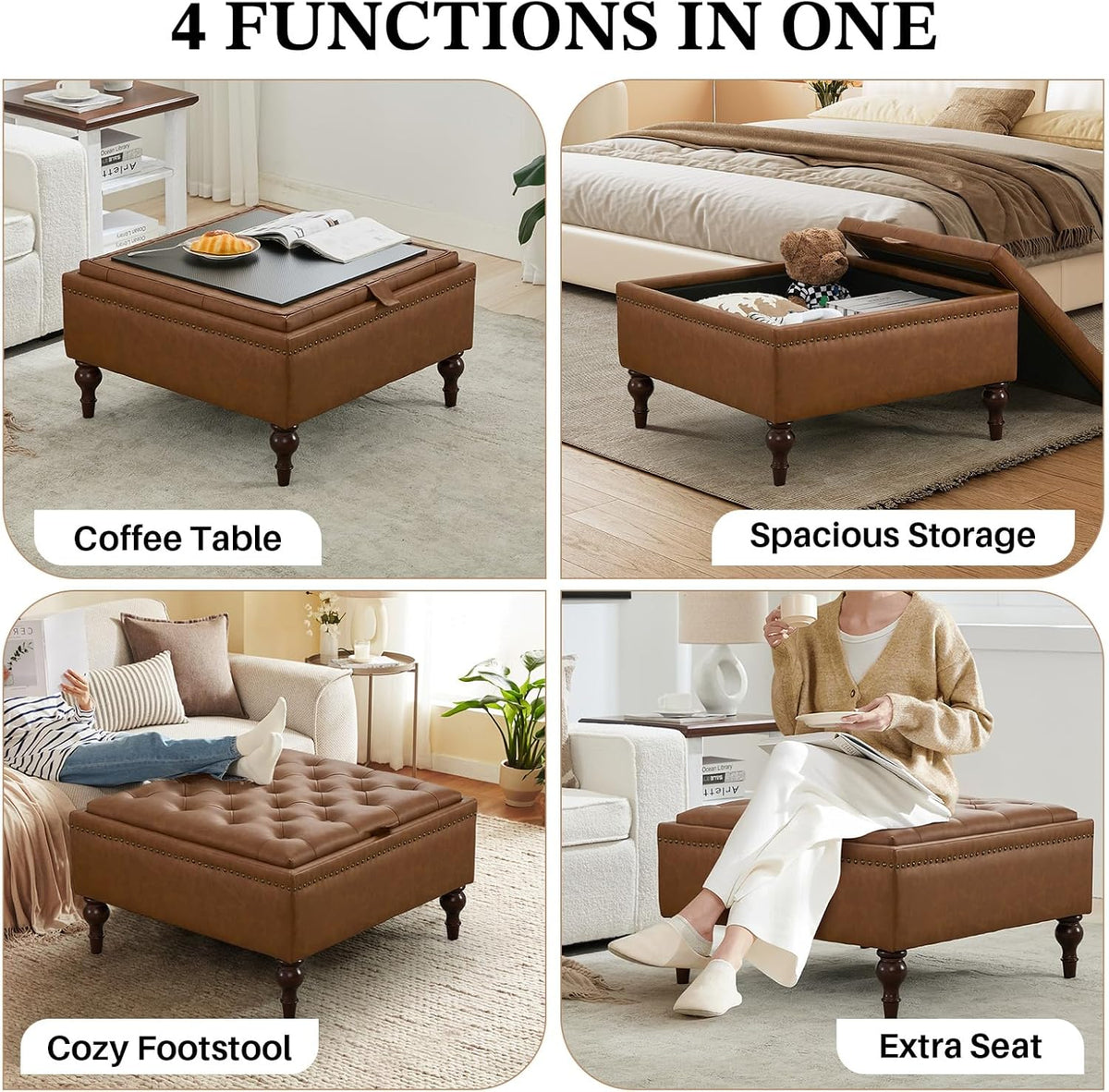Storage Ottoman Coffee Table, Large Ottoman with Storage Oversized Square Footstool with Anti-Slip Embedded Lid, Tufted Upholstered Ottomans for Living Room, Brown Faux Leather