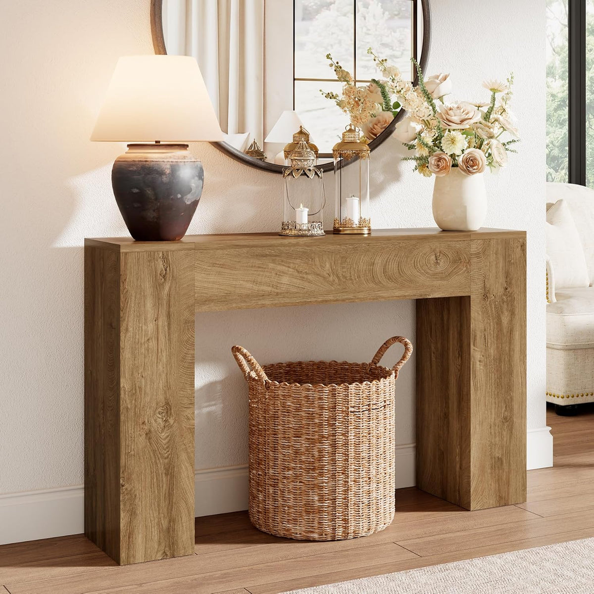 43 Inch Wood Console Table, Natural Oak Small Sofa Table for Entryway Living Room, Farmhouse Rectangular Accent Couch Table Behind Sofa with Sturdy Wood Base, for Hallway Foyer Entrance