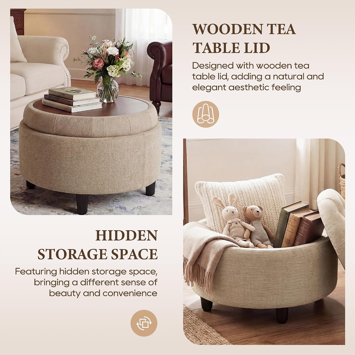 COLAMY Fabric Round Storage Ottoman with Reversible Tray Lid – Multi-Functional Footrest, Hidden Storage, Sturdy & Stylish Small Coffee Table for Living Room, Bedroom, or Entryway(Camel)
