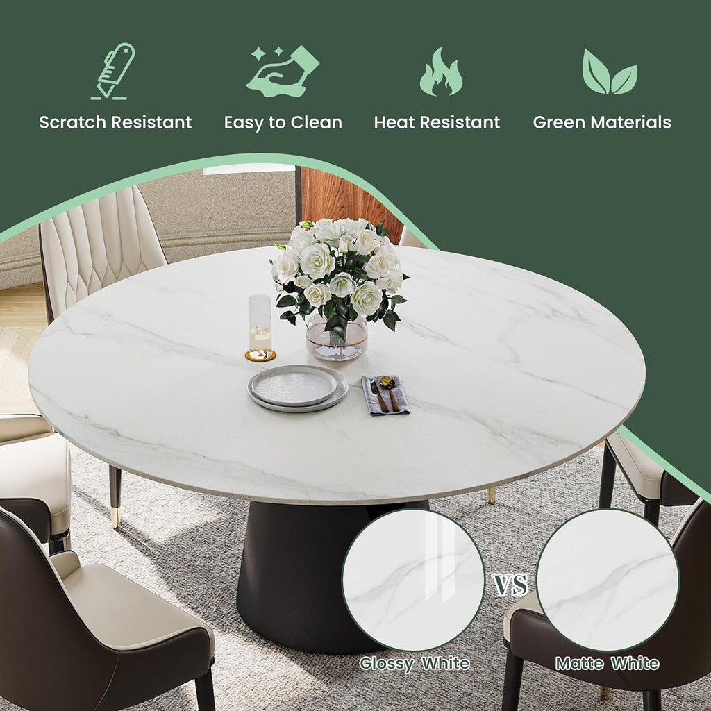 POVISON 59" Modern Round Dining Table, Marble Round Dining Room Table for 6, Matte White Sintered Stone Tabletop with Black Carbon Steel Pedestal, Circle Dining Table for Kitchen Room (Table Only)