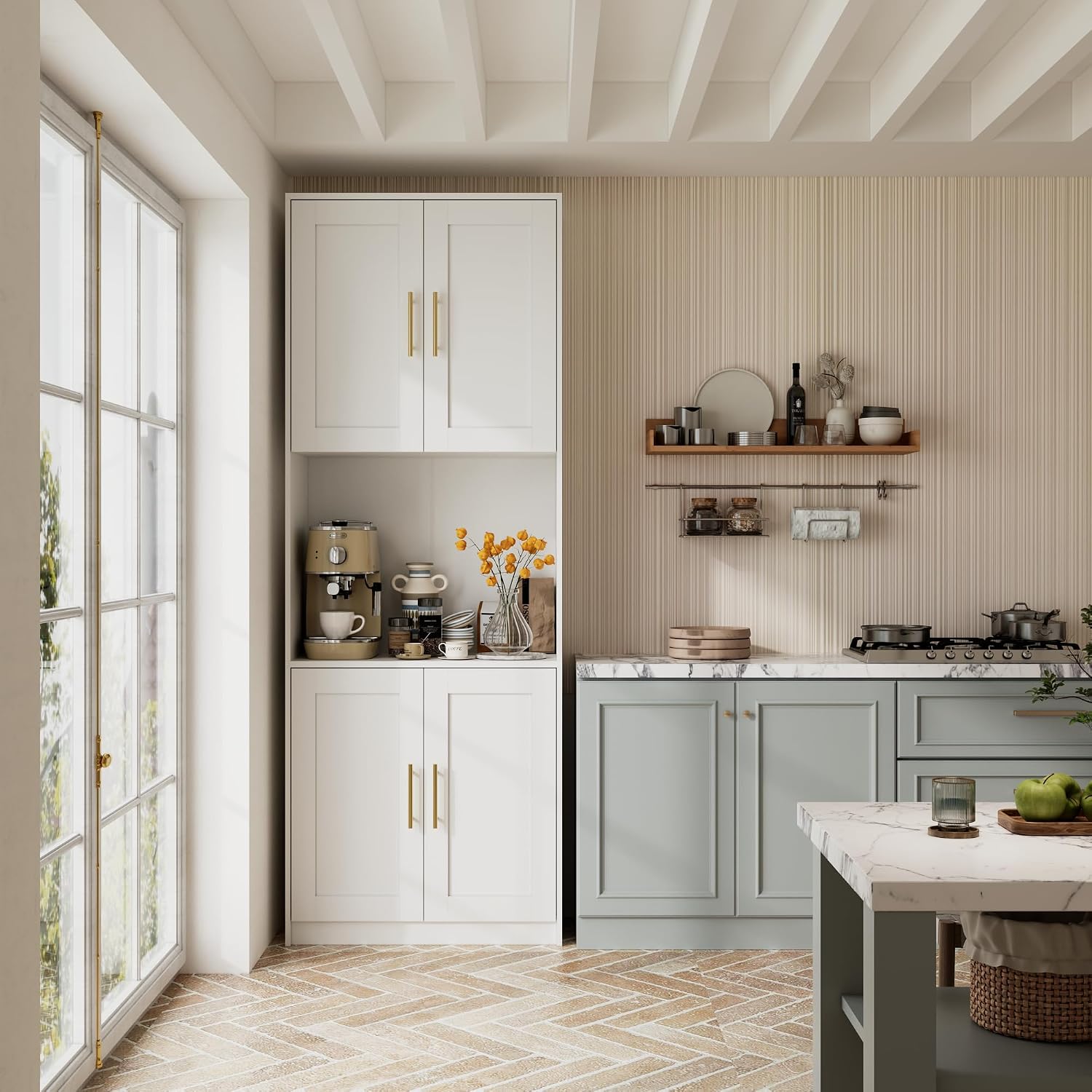 85" Kitchen Storage Cabinets,Corner Pantry Cabinet,Tall Bathroom Cabinet,Farmhouse Storage Cabinet with Countertops Suitable for Apartments/Dining Room/Small Spaces (2, White, 85" H)