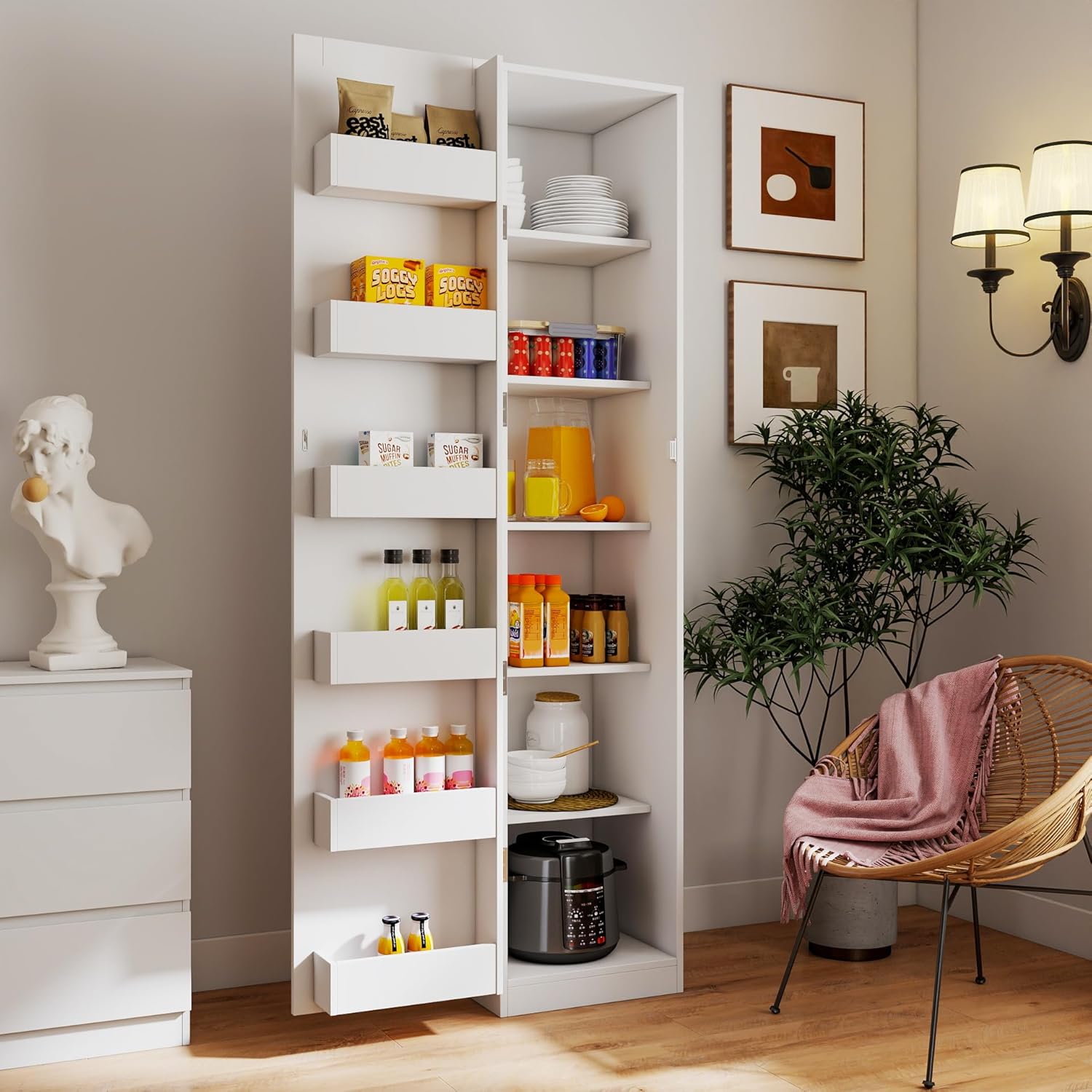 Modern Freestanding Kitchen Pantry Cabinet,Wooden Storage Cabinet with Doors & Shelves, Tall Buffet Sideboard for Kitchen, Living Room and Dinning Room