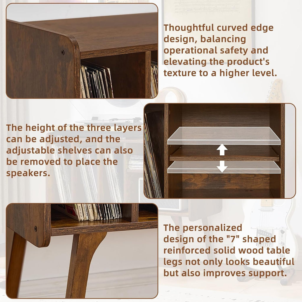 Lerliuo Record Player Stand with 4 Cabinet Holds Up to 220 Albums,Brown | Large Turntable Stand with Wood Legs, Mid-Century Record Player Table,Vinyl Holder Storage for Bedroom Living Room