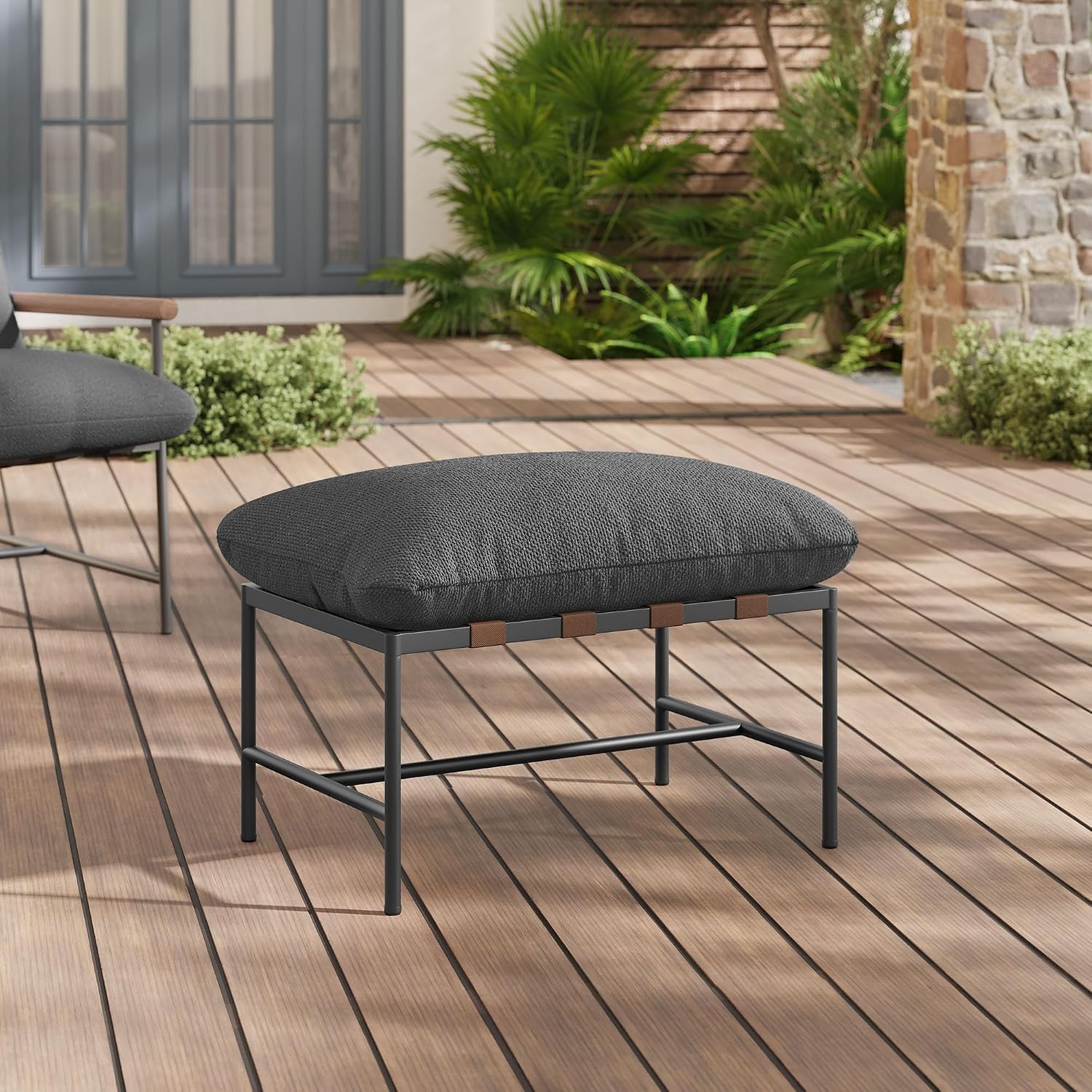 Modway Raya Outdoor Boucle Ottoman in Charcoal - Patio Sitting Stool Ottoman - Metal Frame Footrest with Removable Boucle Cushion for Porch, Deck, Backyard