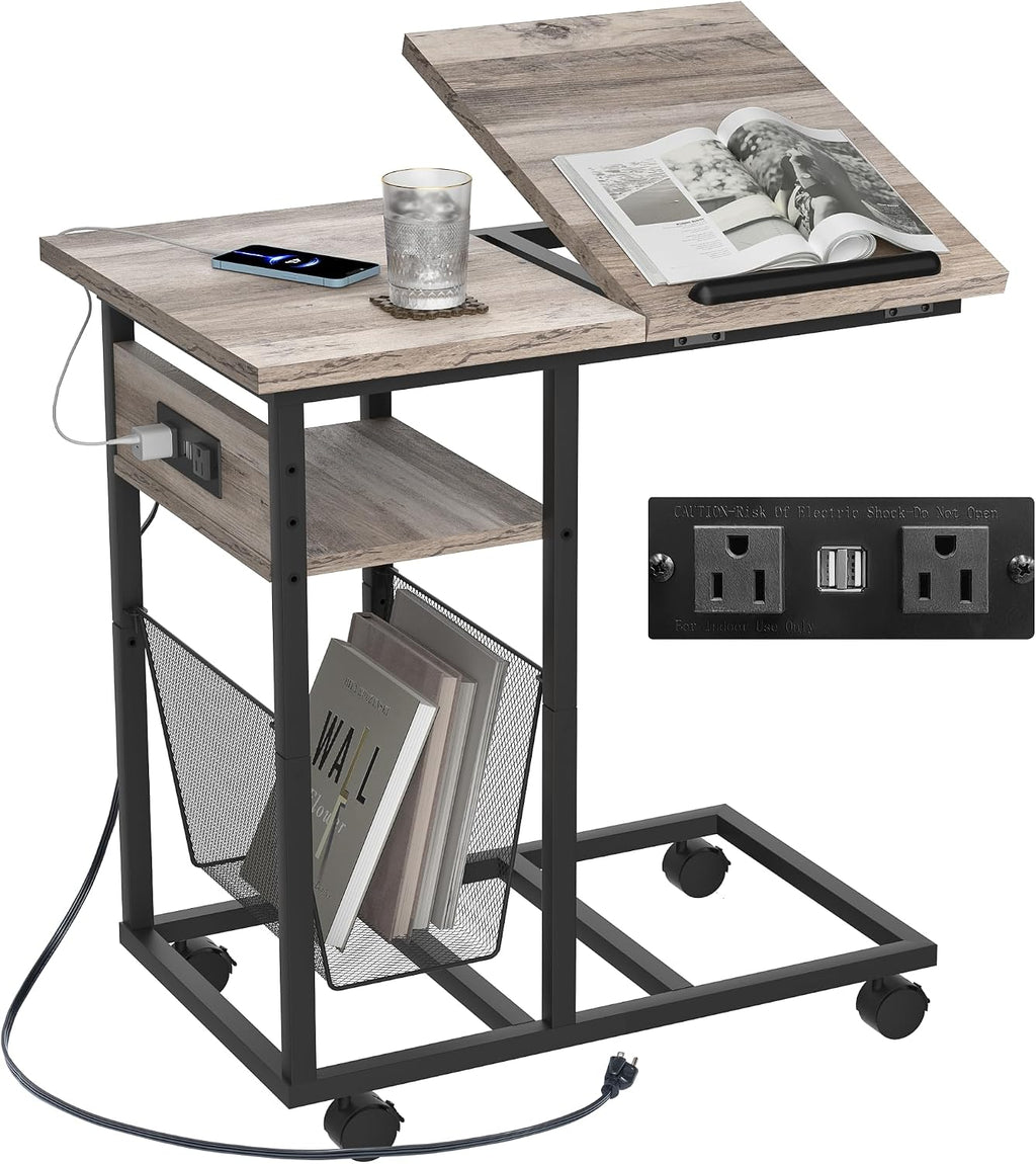 FLYJOE End Table C Shape with Charge Station, Tilting Top Side Table with Magazine Holder and Lockable Wheels, Easy Assembly for Living Room, Bedroom, Industrial Style, Grey