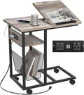 FLYJOE End Table C Shape with Charge Station, Tilting Top Side Table with Magazine Holder and Lockable Wheels, Easy Assembly for Living Room, Bedroom, Industrial Style, Grey