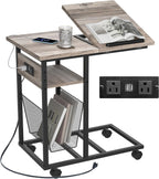 FLYJOE End Table C Shape with Charge Station, Tilting Top Side Table with Magazine Holder and Lockable Wheels, Easy Assembly for Living Room, Bedroom, Industrial Style, Grey