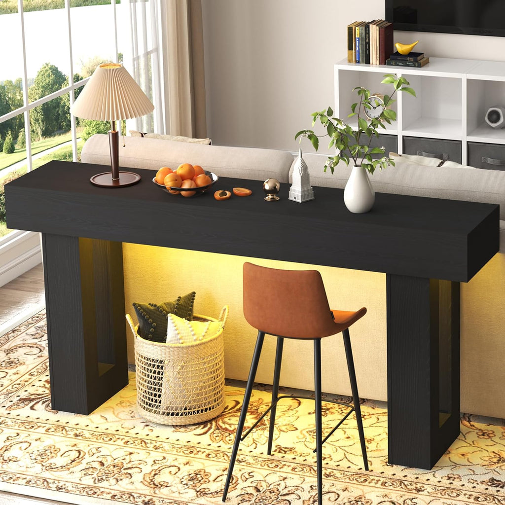 Depeht 63" Long Console Table with Power Outlet LED Lights, Wooden Farmhouse Sofa Behind Couch Table with Storage, Large Industrial Hallway Accent Furniture for Living Room, Entryway, Hallway (Black)