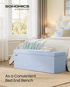 SONGMICS Foldable Storage Ottoman with Flipping Lid, 43.3 Inch Velvet Bench | Coffee Table, Folding Storage Bench for Bedroom, Entryway Shoe Bench, Pale Blue, MINOTA Collection ULSF078QQ03