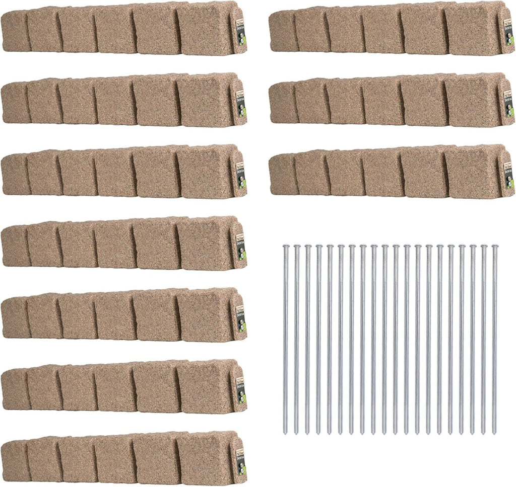 Beuta Landscape Edging | Garden Edging Border | Faux Stone Blocks for Lawn Edging, Flower Beds & Yard Edging – 10 Pack | Each Section Has 6 Blocks 48" L x 4" W x 6.5" H | 20 Spikes | Sandstone