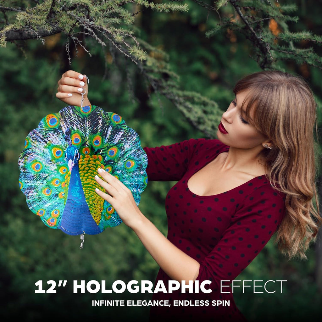 Skylar Peacock Wind Spinner, Stainless-Steel Garden Decor, 3D Wind Decoration with Holographic Effect, Unique 12-Inch Sun Catcher, Foldable Ornament, Support Hook Holes for Hanging, Hooks Not Included