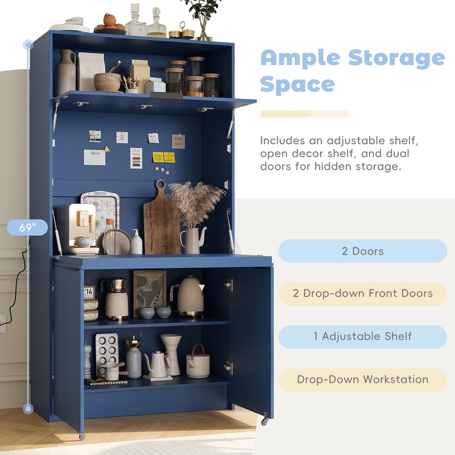 MERITLINE Compact Kitchen Pantry with Hutch and Foldable Workstation, Multifunctional 69''H Buffet Storage Cabinet with Adjustable Shelf & Power Outlet for Dining Living Room (Dark Blue)