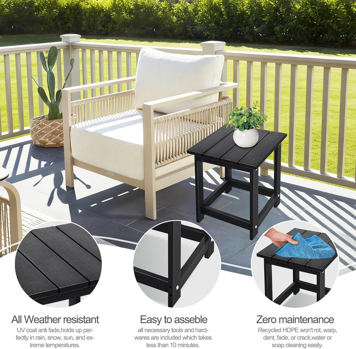 LZRS Patio Side Table, Heavy Duty HDPE Outdoor End Table with Wood Texture, Weatherproof Composite Table for Adirondack Chairs, Deck, Pool, Indoor/Outdoor, No Peeling or Cracking(Black)