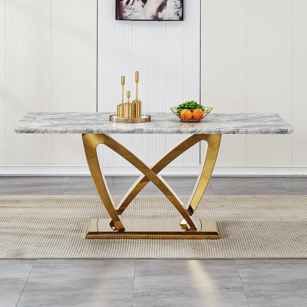 Modern Dining Table 70" Rectangular Kitchen Table with Imitation Marble Grain MDF Wooden Top & Iniregular Gold Base,Faux Marble Dinner Furniture for Kitchen Dining Room/Meeting Room