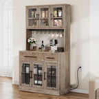 DWVO 71'' Tall Kitchen Pantry Storage Cabinet, Ivory Grey | Charge Station, Farmhouse Glass Display, Microwave Stand & Hooks & Drawers & Shelves, For Home Living Dining Room