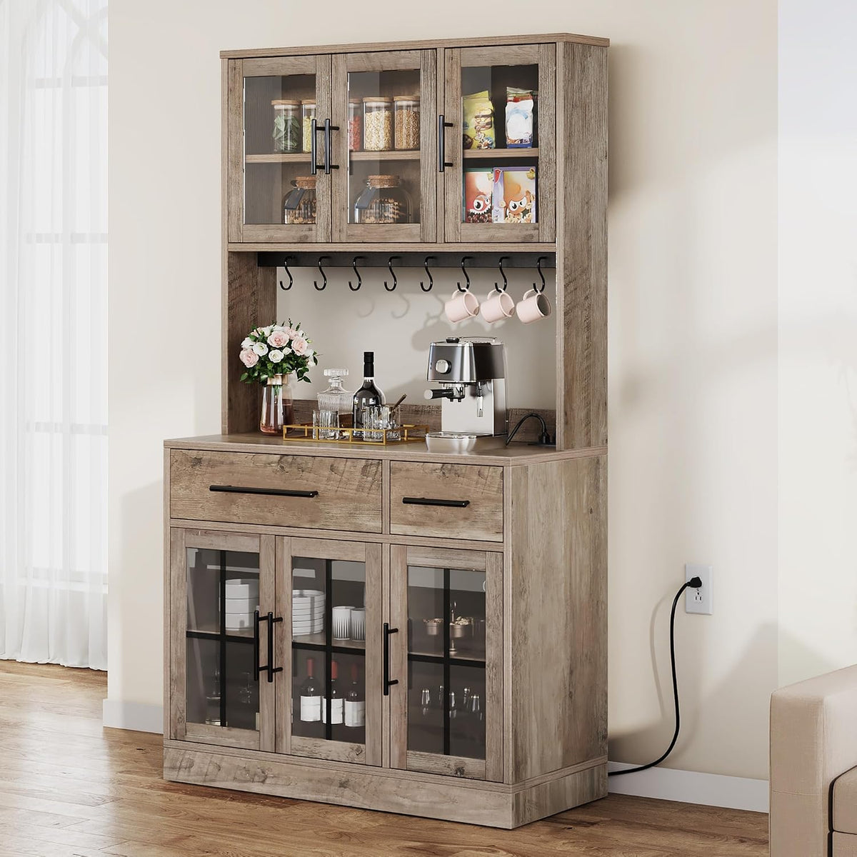DWVO 71'' Tall Kitchen Pantry Storage Cabinet, Ivory Grey | Charge Station, Farmhouse Glass Display, Microwave Stand & Hooks & Drawers & Shelves, For Home Living Dining Room