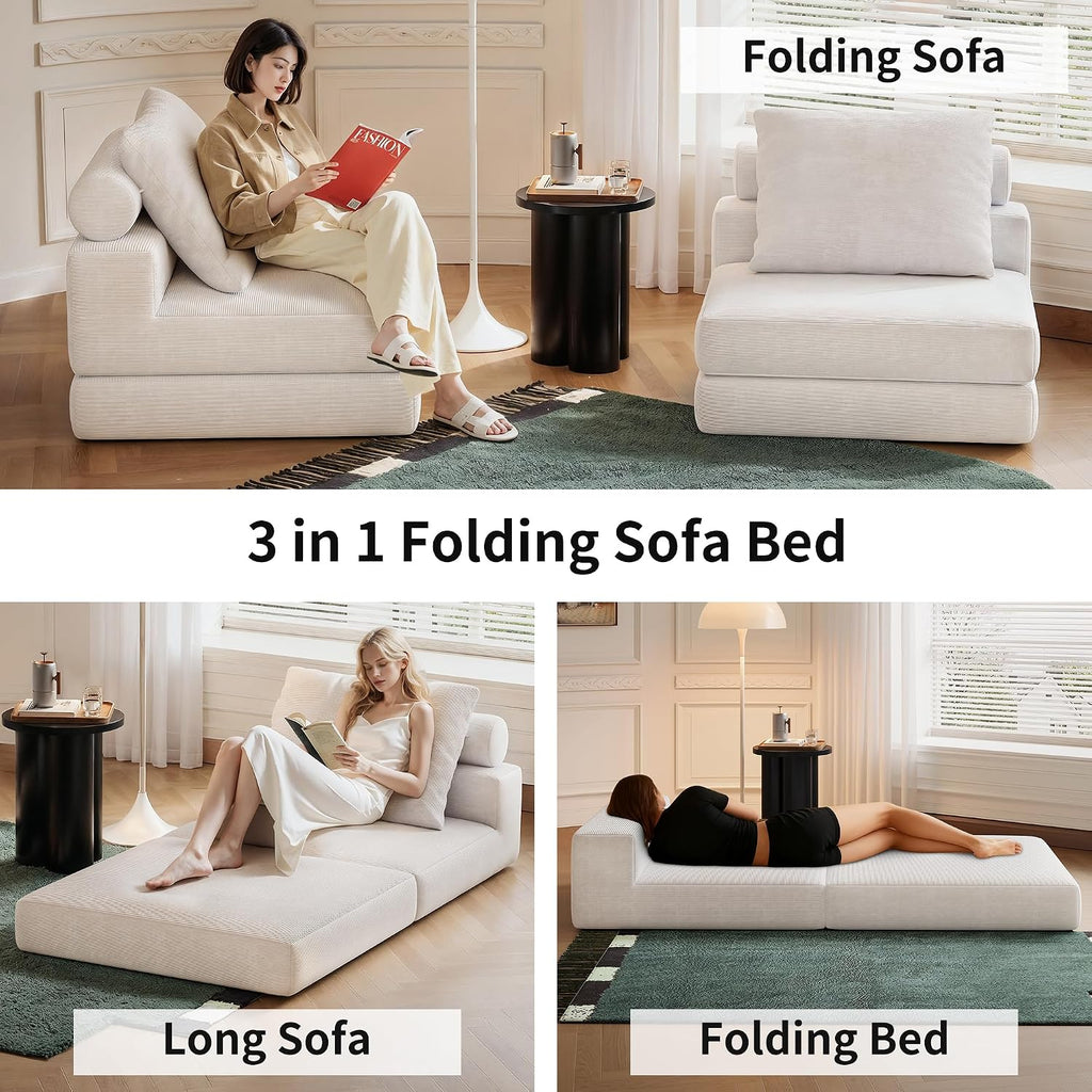 Folding Sofa Bed, 3-in-1 Convertible Sleeper Chair Bed with Pillows, Foldable Floor Couch with High-Density Foam, Futon Small Couch for Living Room Bedroom Lounge, Single, White