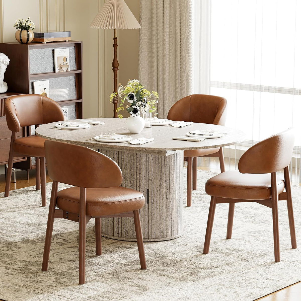 MALOL 47"-63" Extendable Round to Oval Dining Room Table Chairs Set for 4-8, Modern Wooden Kitchen Table and Chairs with Hidden Storage and Fluted Design for Dining Room/Small Space(White and Brown)