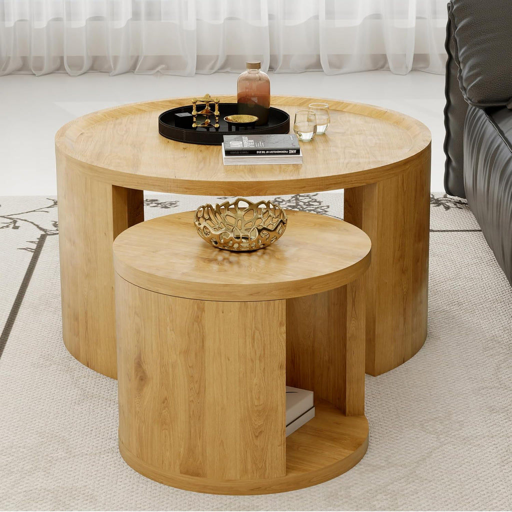 32" Anti-Slip Nesting Tables, Nesting Side Tables with Smooth Wood top, Nesting Coffee Tables with Minimalist Aesthetic for Modern Interior Home Spaces, Natural Wood