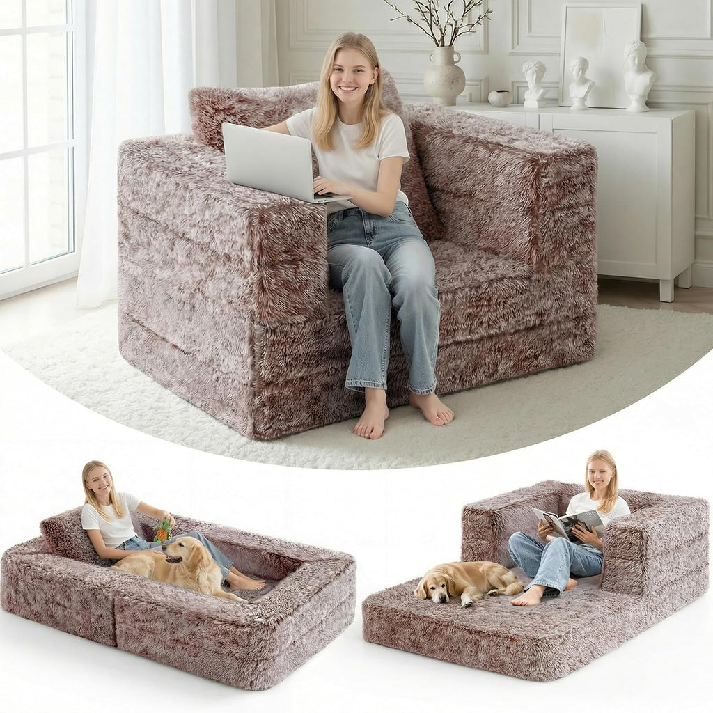 HABUTWAY Convertible Sofa Bed, 3-in-1 Futon Sofa Bed with Pillow, Foldable Pull Out Floor Sofa Bed with Removable Cover, Plush Couch for Living Room/Bedroom/Dorm